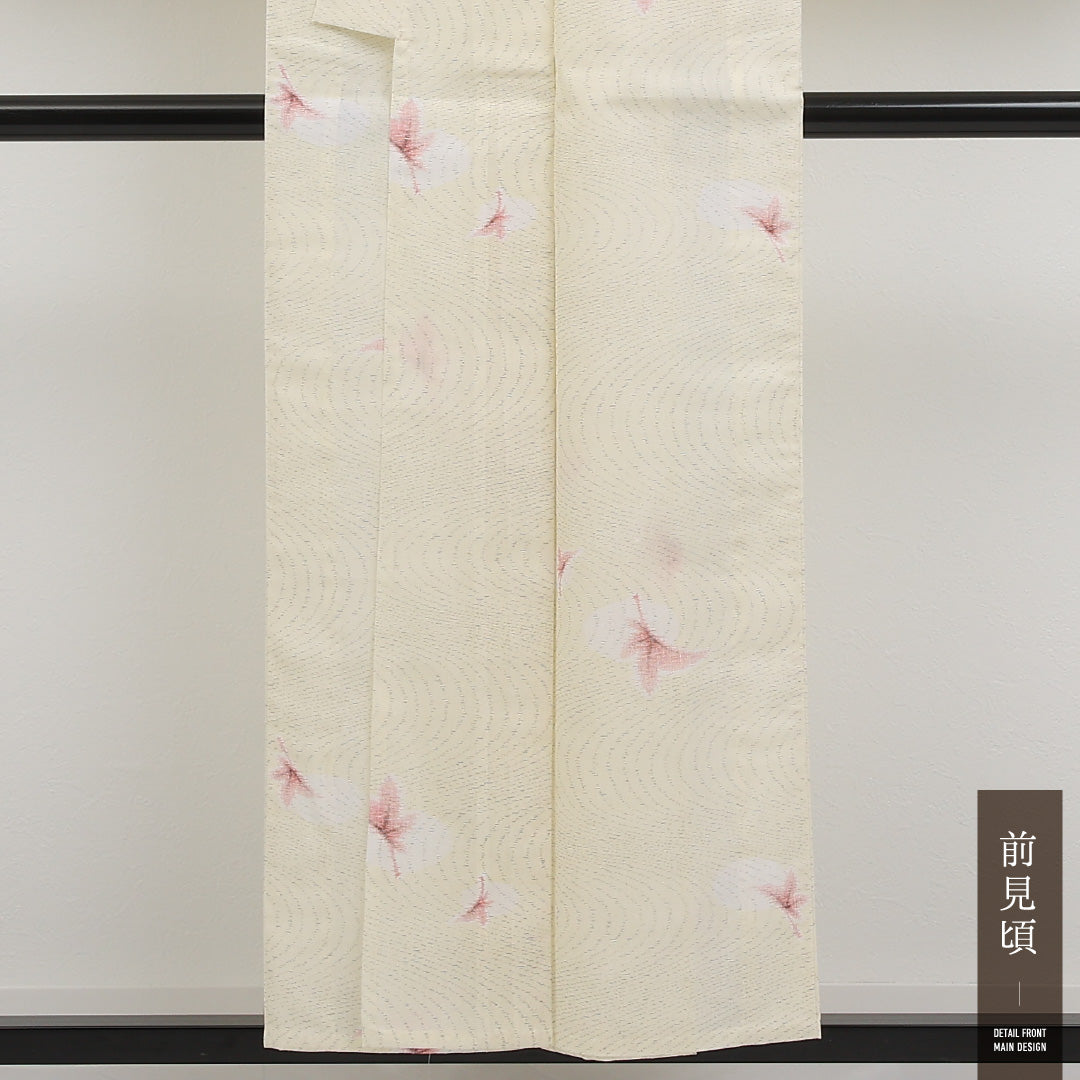 夏物 洗える着物 麻の小紋 身丈152cm 裄丈62cm 麻 Sランク インフォーマル バチ衿 XSサイズ 花柄 クリーム系 RP 1221-17291