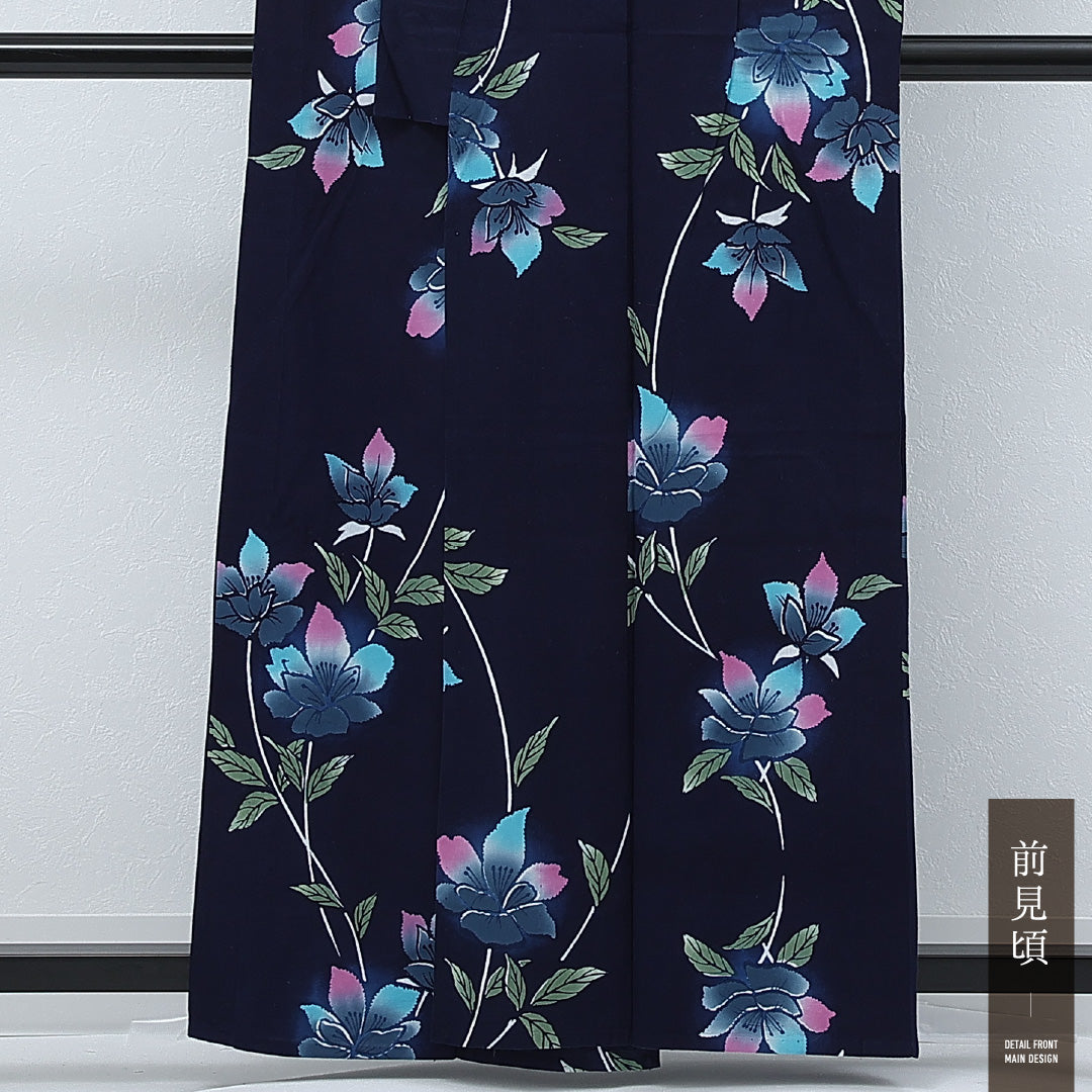 夏物 洗える着物 木綿の浴衣 身丈157cm 裄丈66cm 木綿 Sランク カジュアル バチ衿 Mサイズ 花柄 紺系 RP 1225-17254