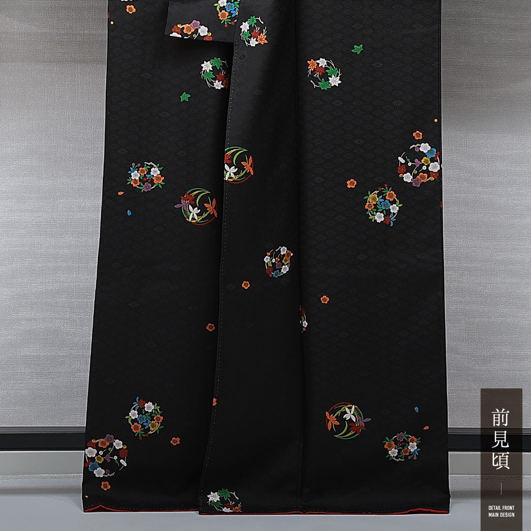 洗える着物 振袖 袷 身丈165cm 裄丈68cm ポリエステル Sランク 紋意匠 (花菱) フォーマル 広衿 XLサイズ 丸文 黒系 RP 1215-07046