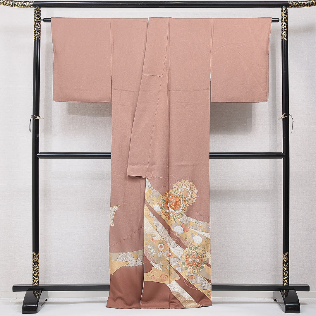 色留袖 袷 身丈163cm 裄丈65cm 正絹 Sランク 三つ紋 (藤輪に剣片喰) フォーマル 広衿 Lサイズ 比翼 鳳凰 牡丹 紫系 RP 1214-06988