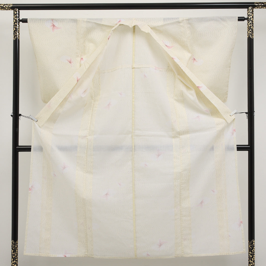 夏物 洗える着物 麻の小紋 身丈152cm 裄丈62cm 麻 Sランク インフォーマル バチ衿 XSサイズ 花柄 クリーム系 RP 1221-17291