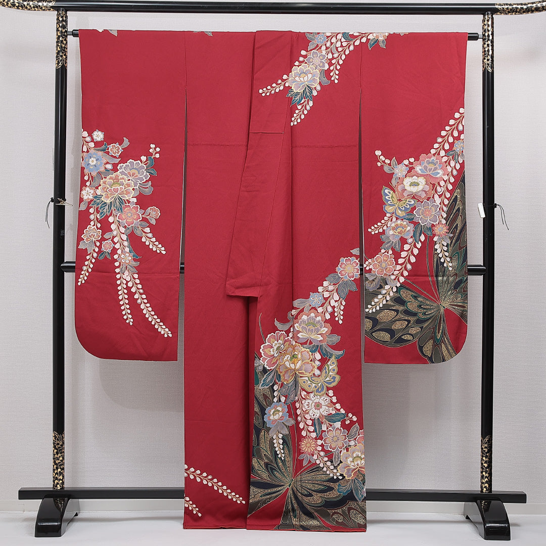 振袖 袷 身丈167cm 裄丈66cm 正絹 Sランク フォーマル 広衿 XLサイズ 蝶 牡丹 赤系 RP 1215-07009