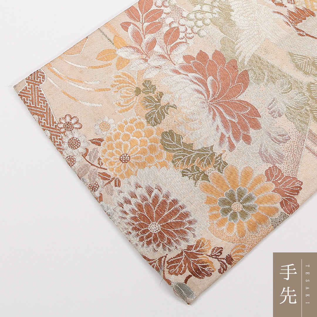 アンティーク 丸帯 帯丈380cm 正絹 全通 鶴 菊 ベージュ系 1242-02571