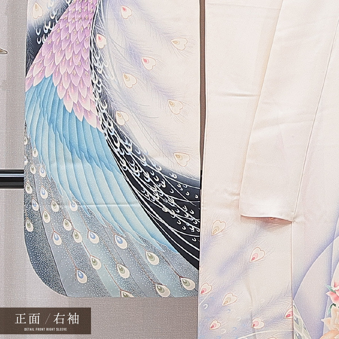 振袖 袷 身丈159cm 裄丈63cm 正絹 Sランク フォーマル 広衿 Mサイズ 孔雀 牡丹 クリーム系 RP 1215-06991
