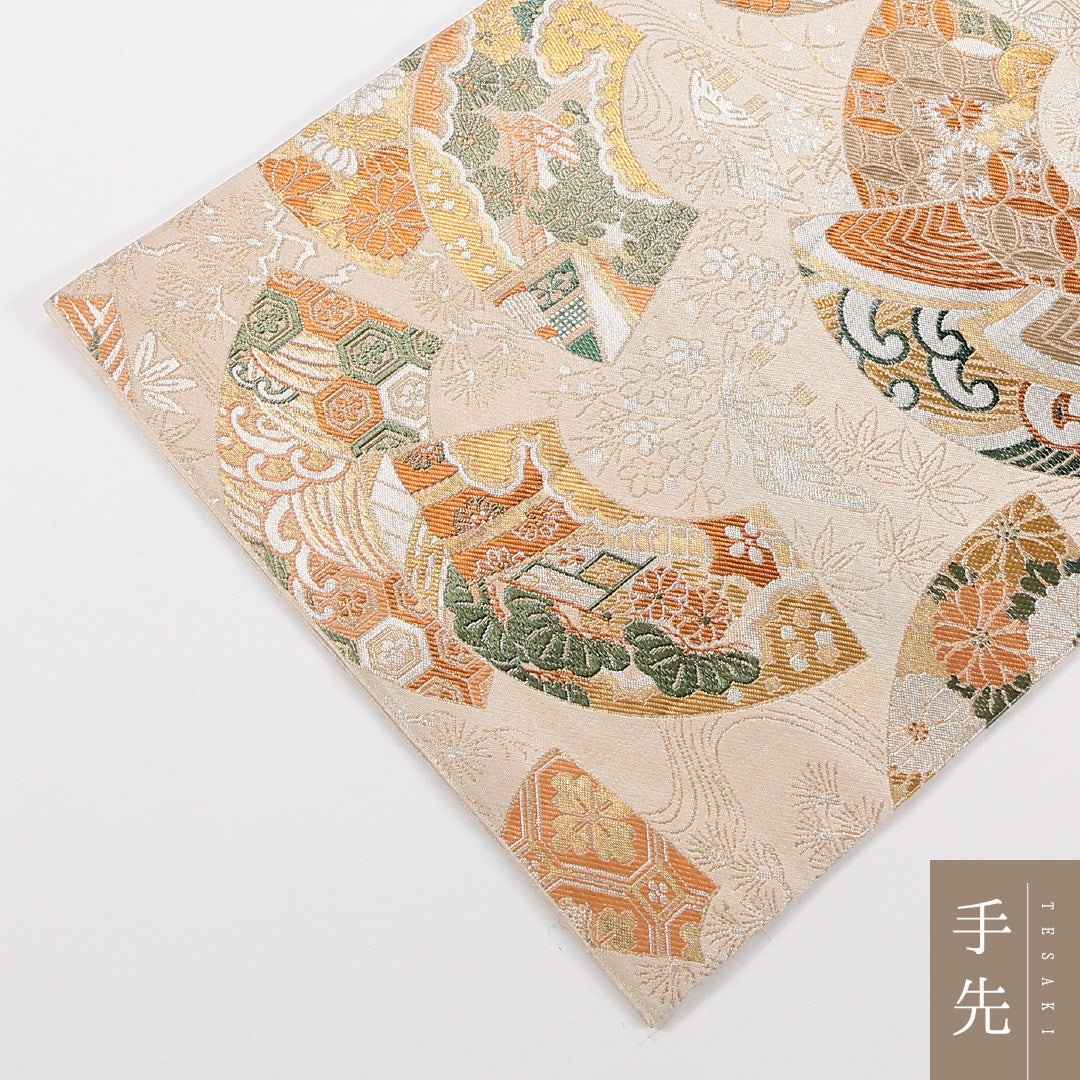 アンティーク 丸帯 帯丈392cm 正絹 全通 扇面文 クリーム系 1242-02562