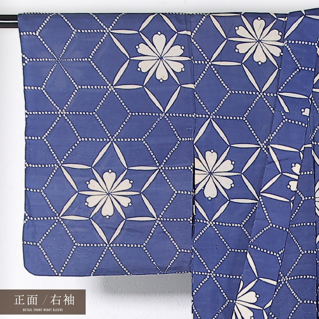 アンティーク 夏物 小紋 身丈139cm 裄丈61cm 正絹 Cランク バチ衿 Mサイズ 麻の葉 青系 RP 1221-17385