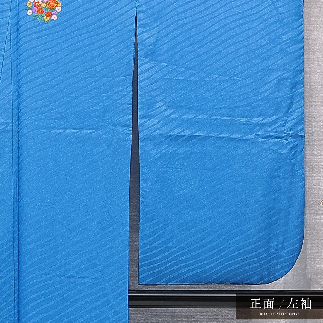 洗える着物 小振袖 袷 身丈172cm 裄丈67cm ポリエステル Sランク セミフォーマル 広衿 2XLサイズ 刺繍 牡丹 菊 青系 RP 1216-07054