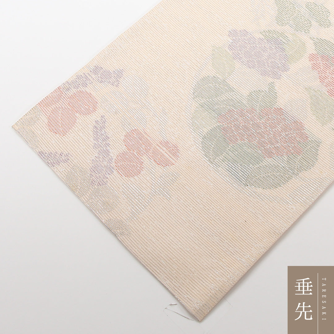 夏物 袋帯 帯丈434cm 正絹 六通 セミフォーマル 唐草牡丹 丸文 クリーム系 ピンク系 1243-02466
