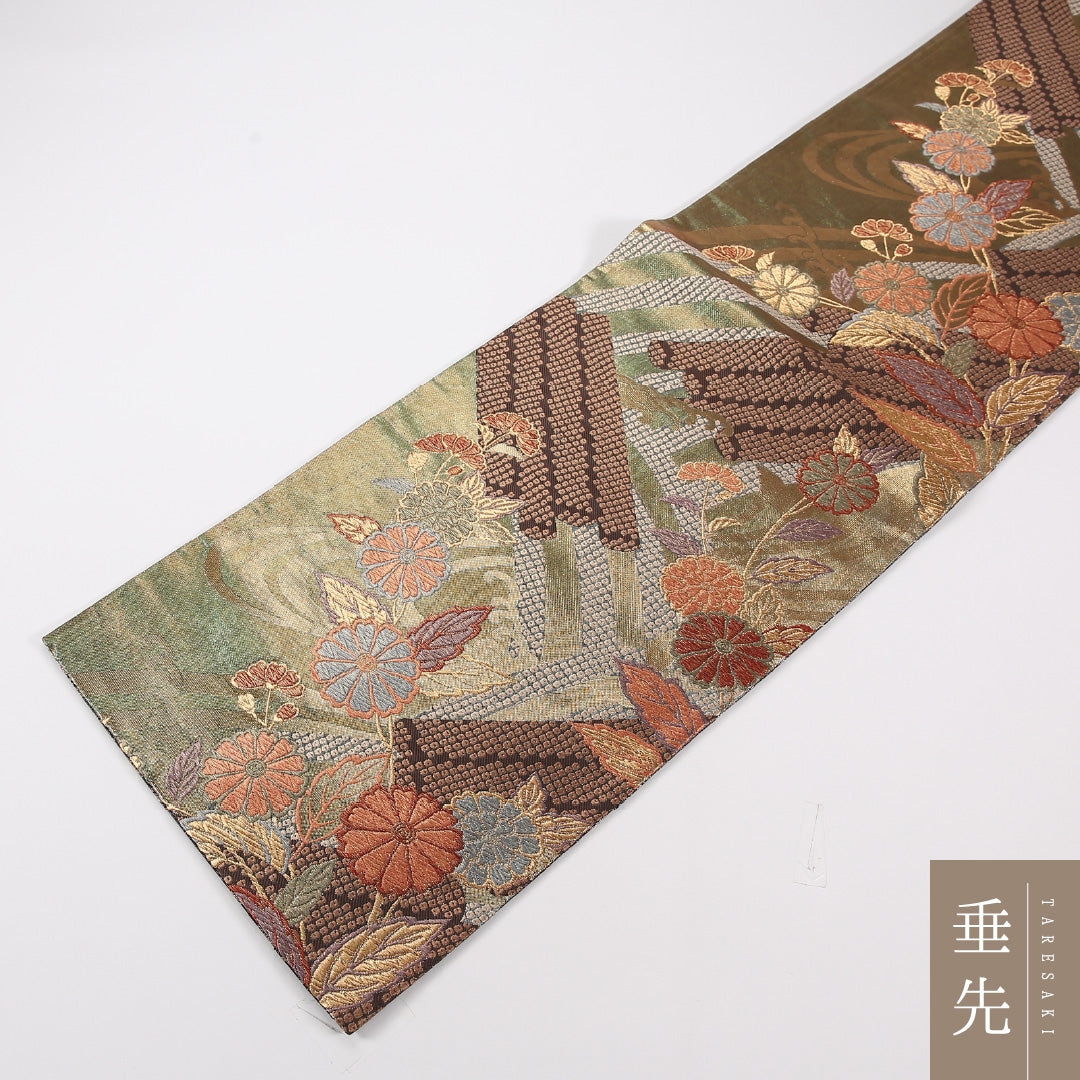 菊 袋帯 帯丈428cm ポリエステル 六通 フォーマル 緑系 金系 1243-02583
