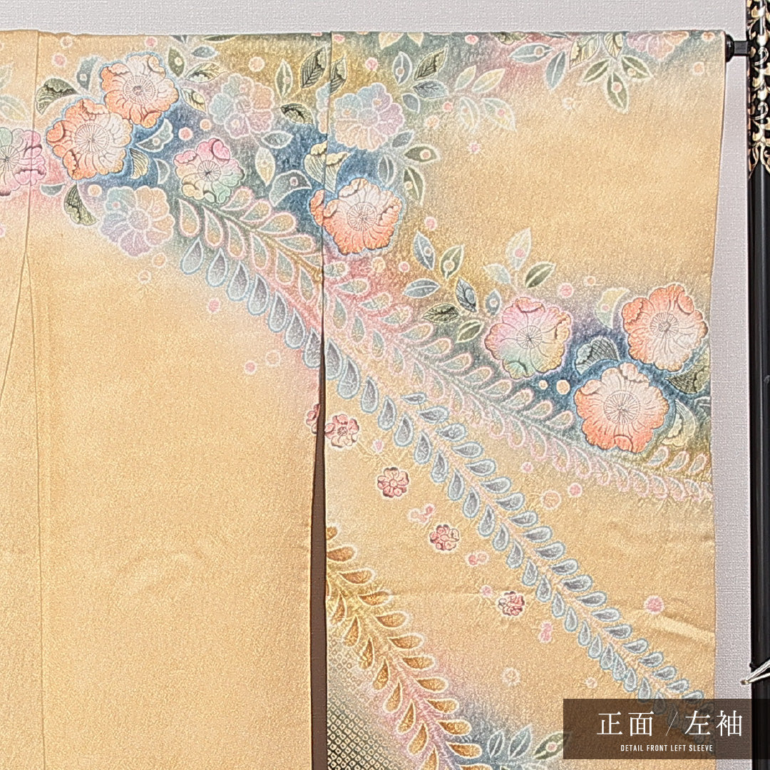 振袖 袷 身丈180cm 裄丈66cm 正絹 Aランク フォーマル 広衿 3XLサイズ 花柄 ベージュ系 RP 1215-06983