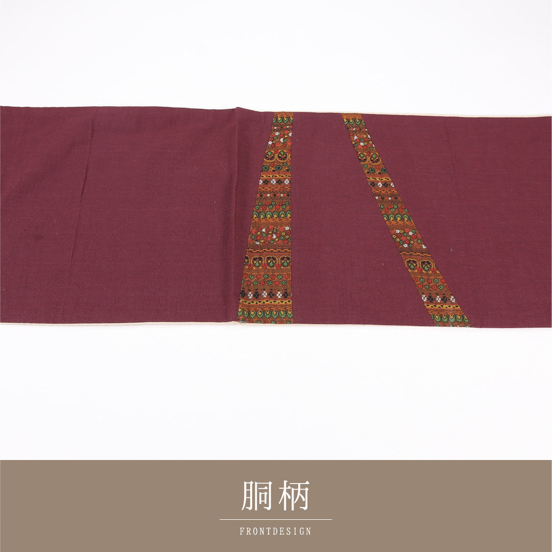 京袋帯 Aランク 帯丈342cm 正絹 ポイント柄 袋仕立て 織り カジュアル 紬 花柄 赤の混ざった紫系 RP 1245-04800