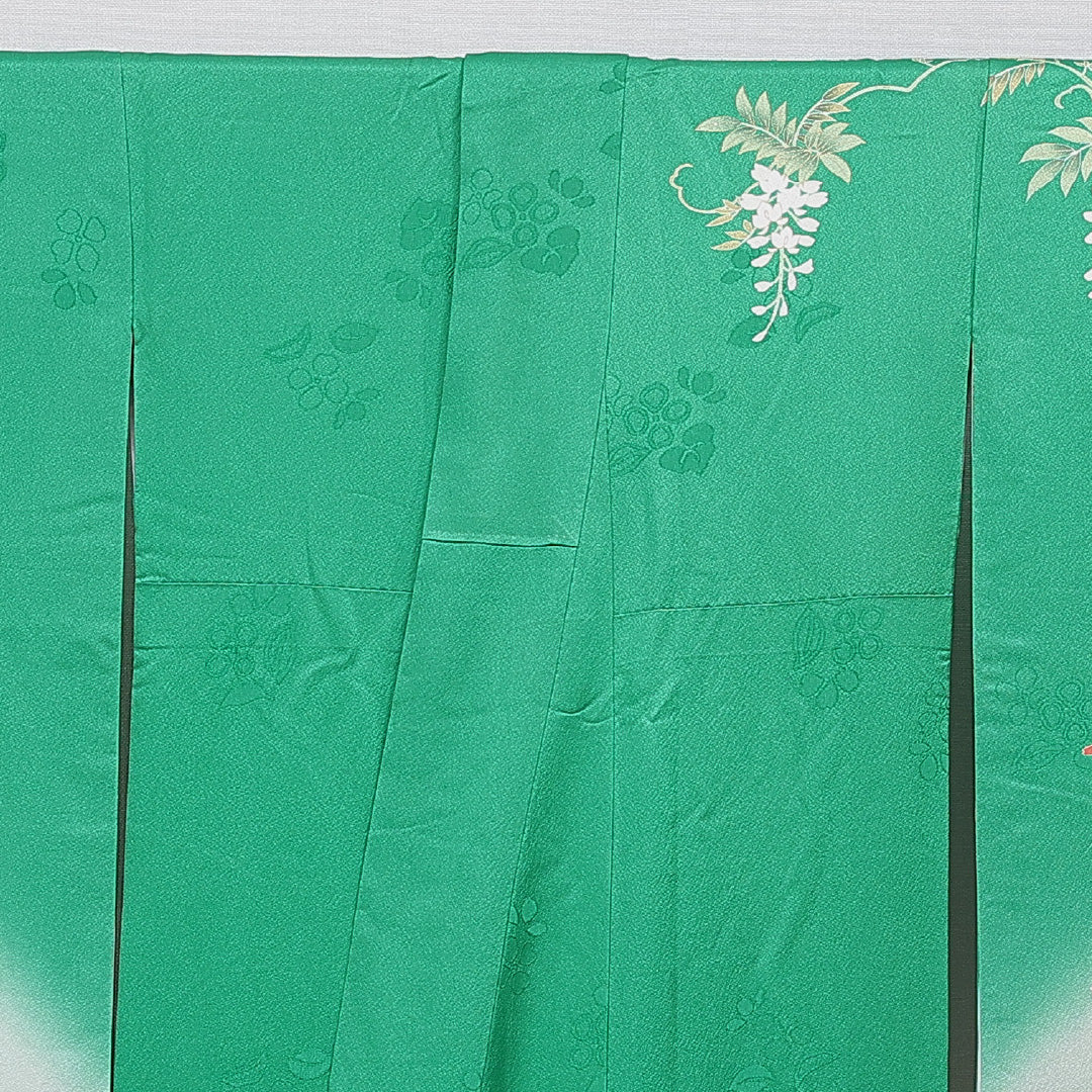 振袖 袷 身丈168cm 裄丈68cm 正絹 Sランク フォーマル 広衿 XLサイズ 金駒刺繍 椿 緑系 RP 1215-07014