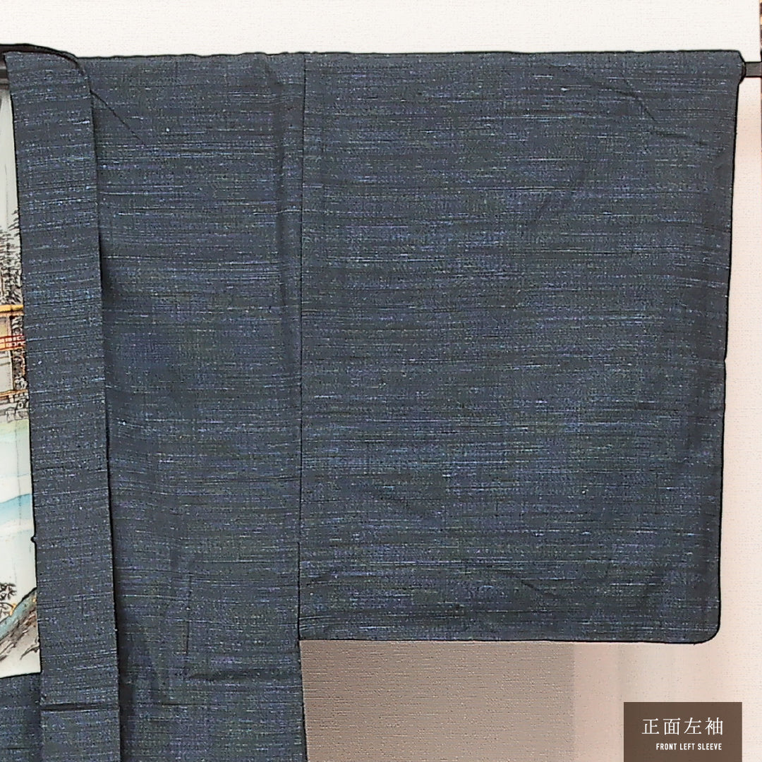 羽織 男性用 (紬) 袷 身丈89cm 裄丈70cm 正絹 Aランク カジュアル Lサイズ 無地 青系 RP 1235-17223