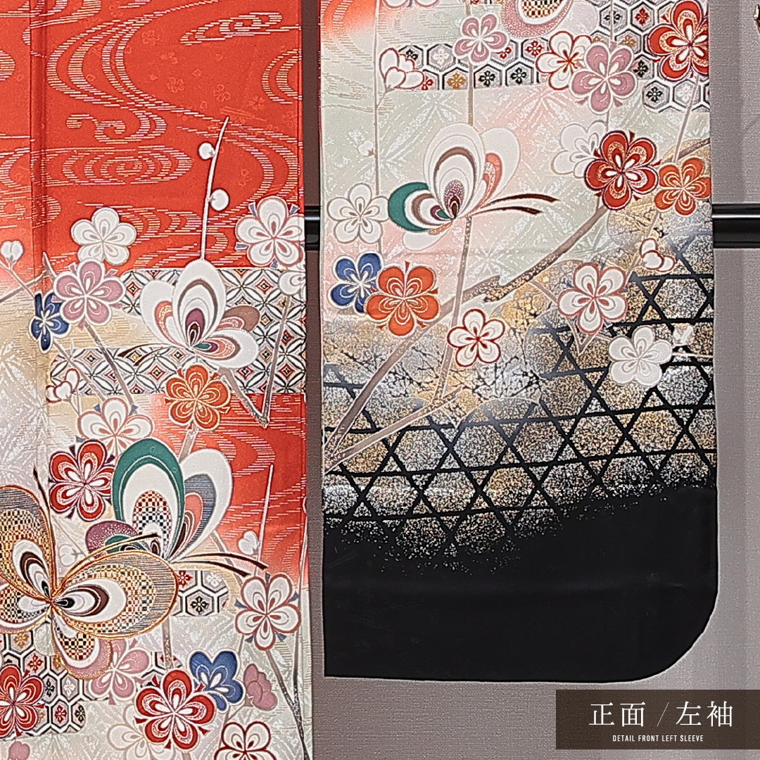 振袖 袷 身丈165cm 裄丈66cm 正絹 Sランク フォーマル 広衿 XLサイズ 蝶 亀甲 菊 朱系 RP 1215-06993