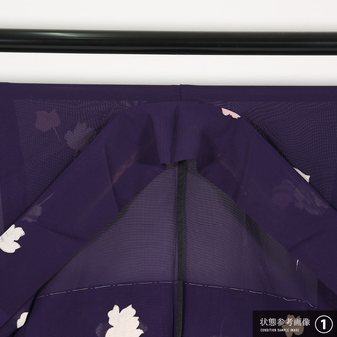 夏物 小紋 絽 身丈155cm 裄丈64cm 正絹 Aランク インフォーマル 広衿 Mサイズ 銀彩 薔薇 紫系 RP 1221-17476