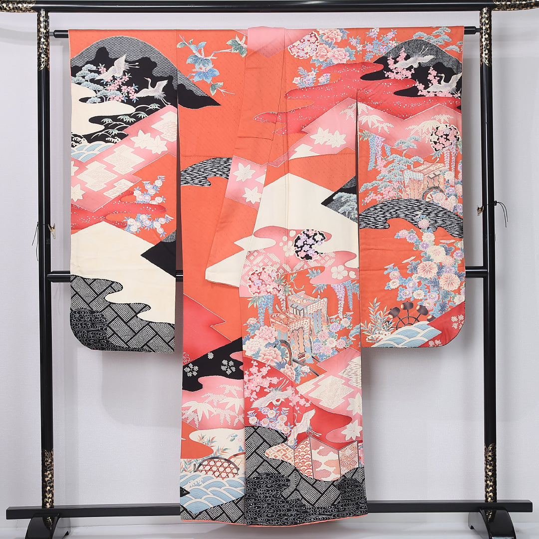 振袖 袷 身丈155cm 裄丈65cm 正絹 Aランク フォーマル 広衿 Mサイズ 御所車 鶴 牡丹 松 朱系 RP 1215-06741