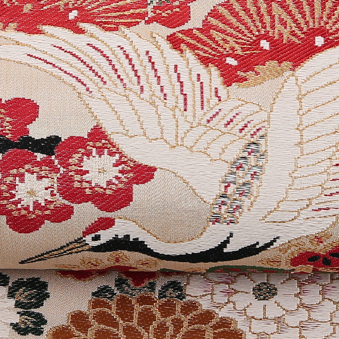 松鶴 丸帯 帯丈376cm 正絹 全通 フォーマル クリーム系 ピンク系 1243-02602