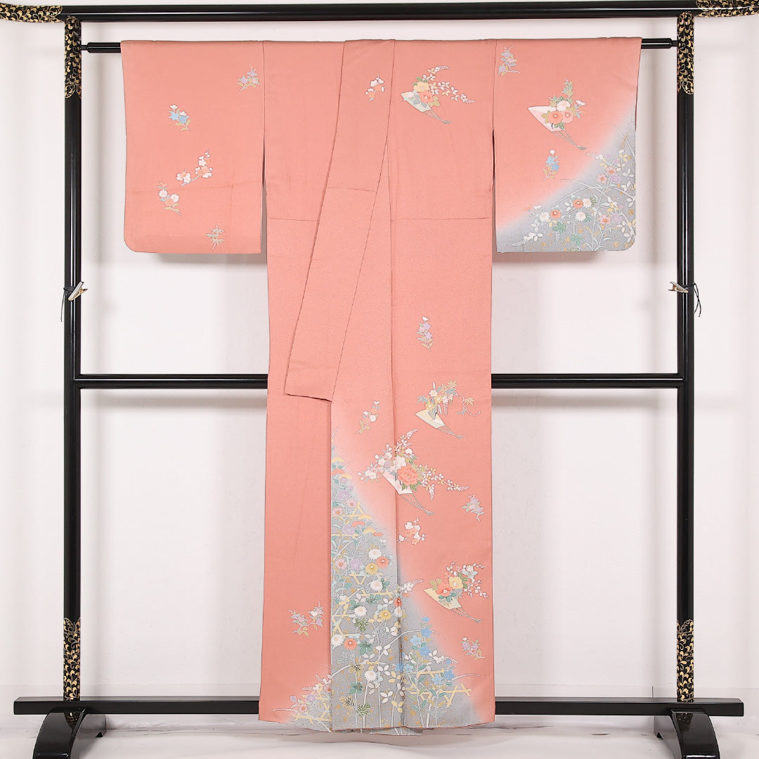 訪問着 袷 身丈155cm 裄丈64cm 正絹 Sランク セミフォーマル 広衿 Mサイズ 花扇 ピンク系 RP 1217-17527
