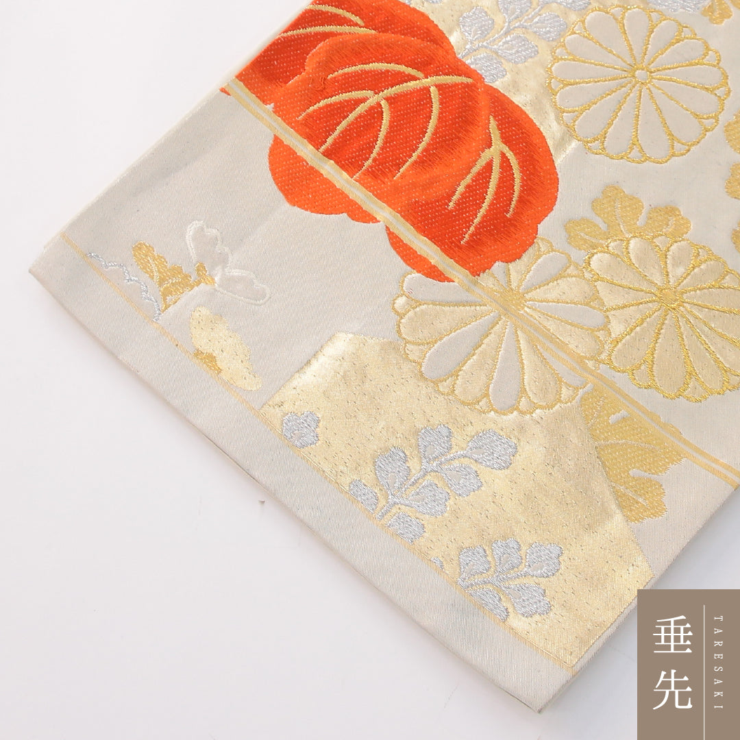 アンティーク 袋帯 帯丈396cm 正絹 六通 菊 稲 クリーム系 1243-02421