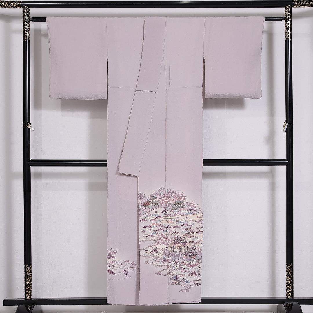 色留袖 袷 身丈150cm 裄丈59cm 正絹 Cランク 五つ紋 (丸に三つ柏) フォーマル 広衿 Sサイズ 金駒刺繍 茶屋辻 紫系 RP 1214-06545