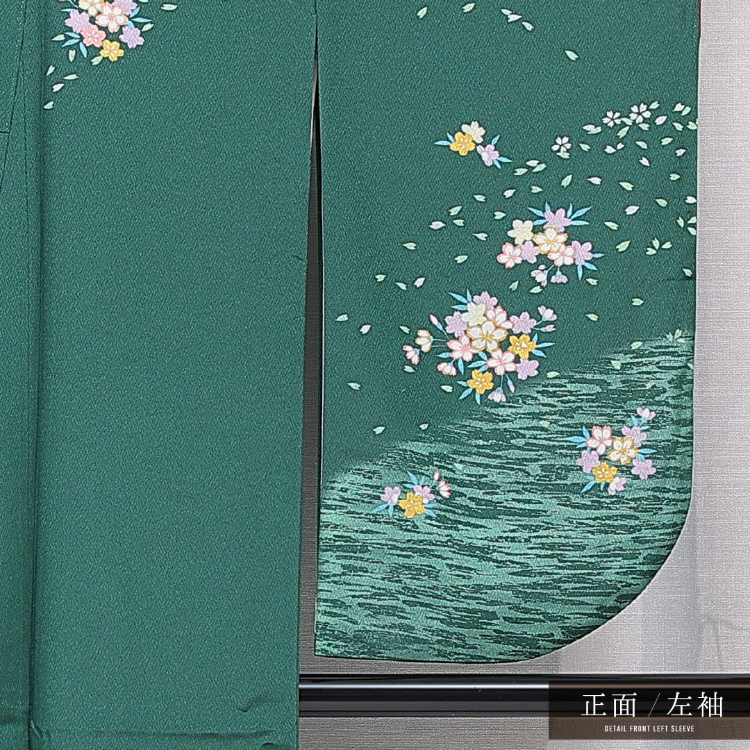 洗える着物 小振袖 袷 身丈164cm 裄丈65cm ポリエステル Sランク セミフォーマル 広衿 Lサイズ 桜 緑系 RP 1216-07074