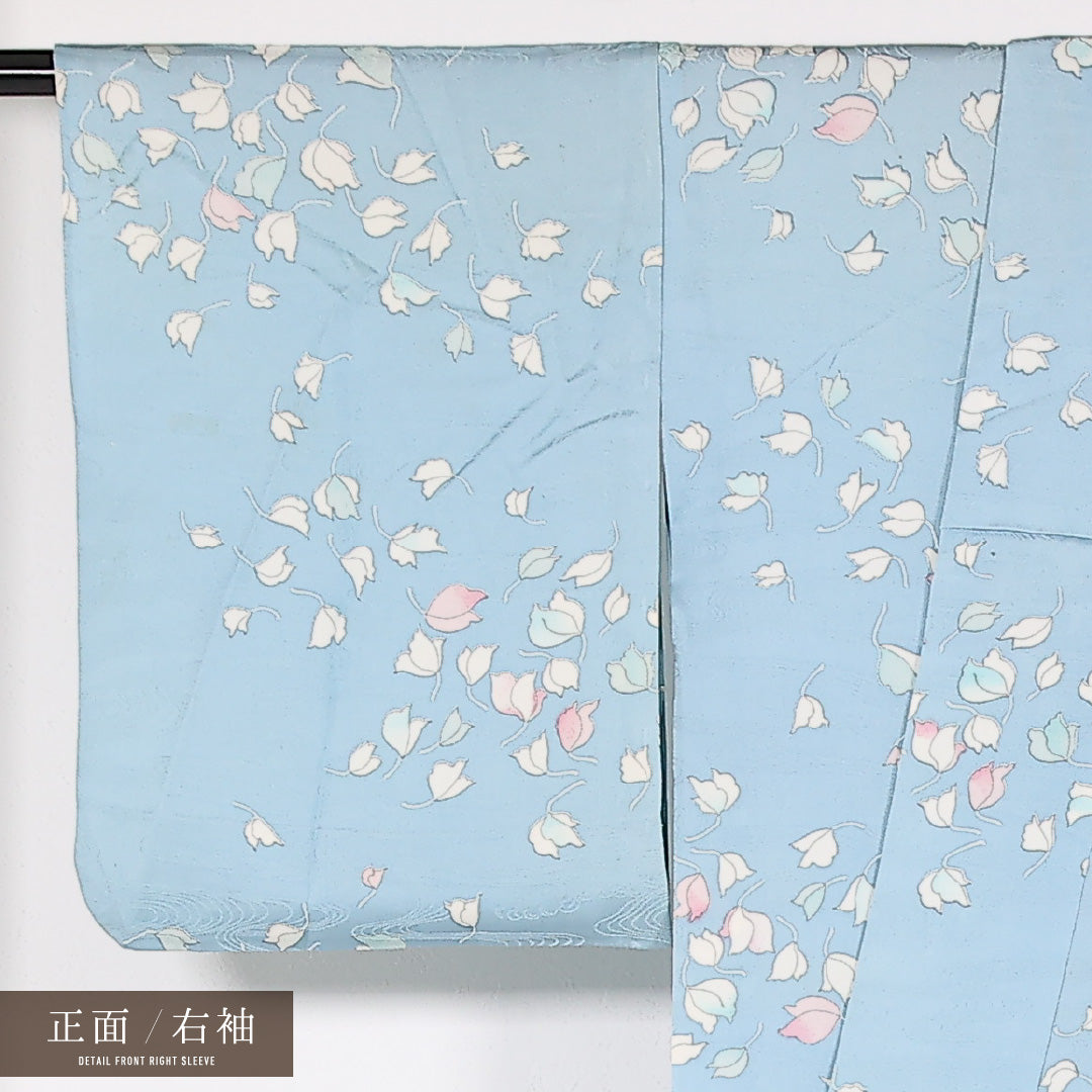 小紋 単衣 身丈153cm 裄丈64cm 正絹 Cランク インフォーマル 広衿 Mサイズ 花柄 水色系 RP 1221-17531