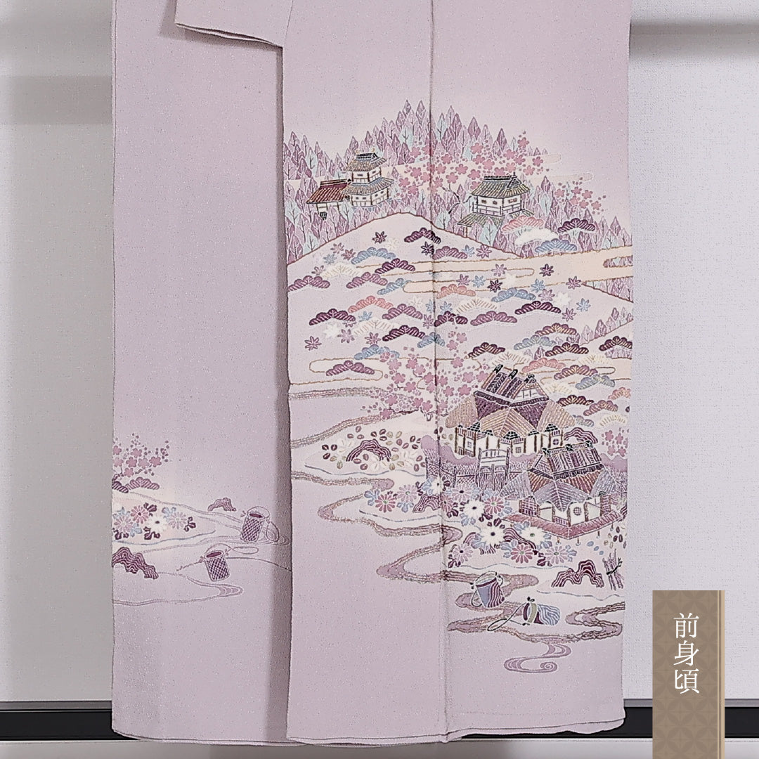 色留袖 袷 身丈150cm 裄丈59cm 正絹 Cランク 五つ紋 (丸に三つ柏) フォーマル 広衿 Sサイズ 金駒刺繍 茶屋辻 紫系 RP 1214-06545