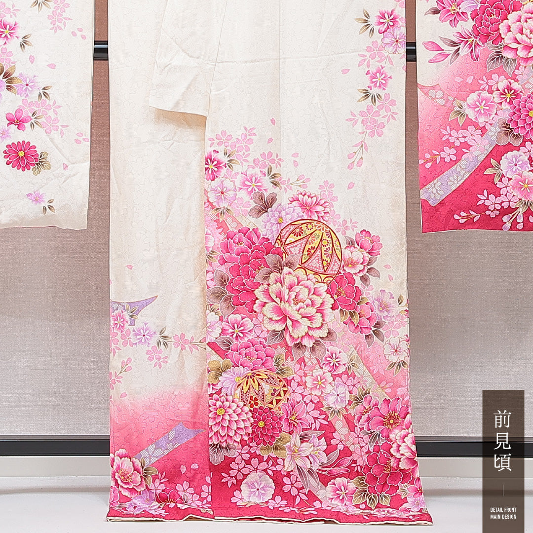 振袖 袷 身丈174cm 裄丈69cm 正絹 Sランク フォーマル 広衿 2XLサイズ ガード加工 毬 牡丹 白系 RP 1215-06986