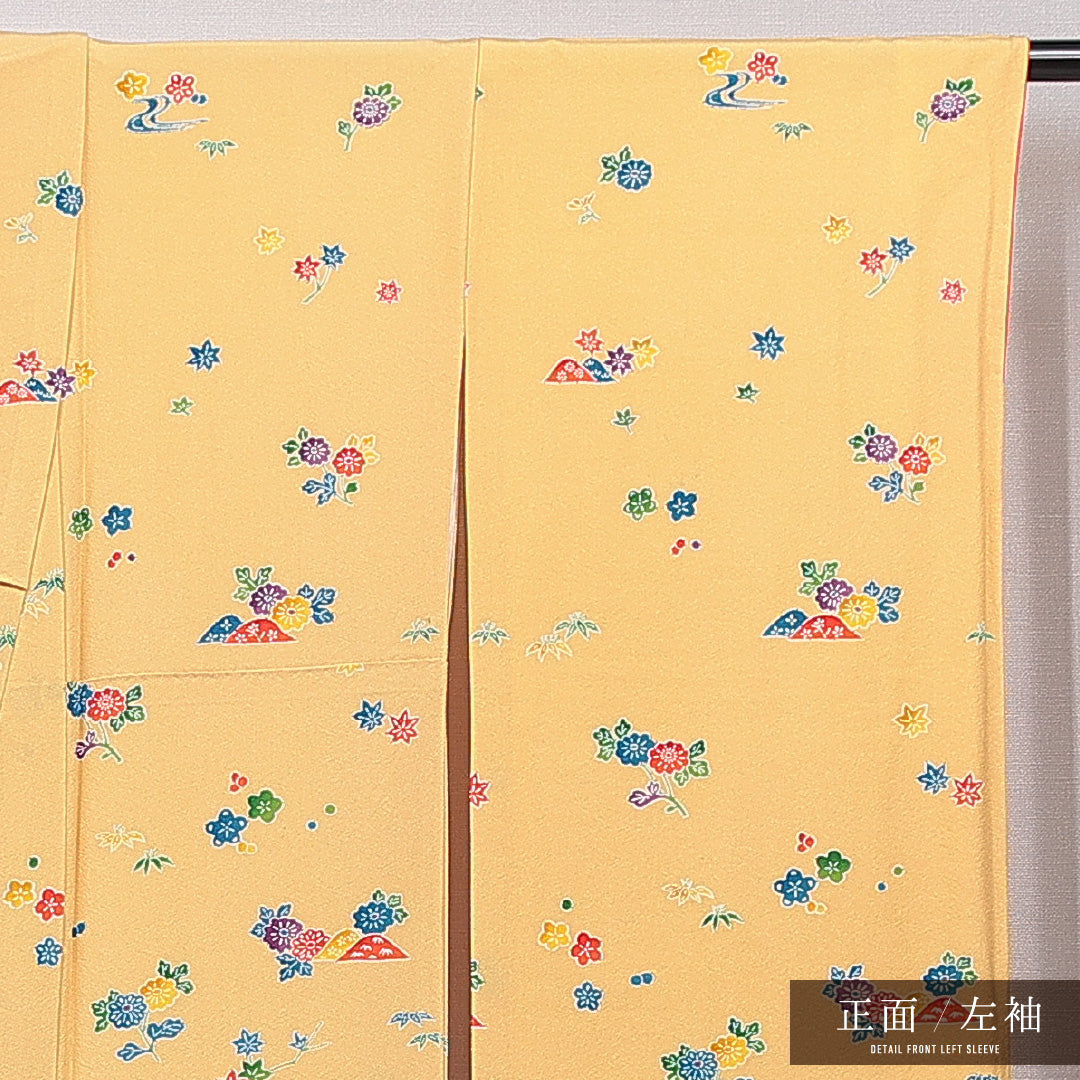 洗える着物 振袖 袷 身丈160cm 裄丈64cm ポリエステル Cランク フォーマル 広衿 Lサイズ 菊 紅葉 黄系 HP 1215-06990