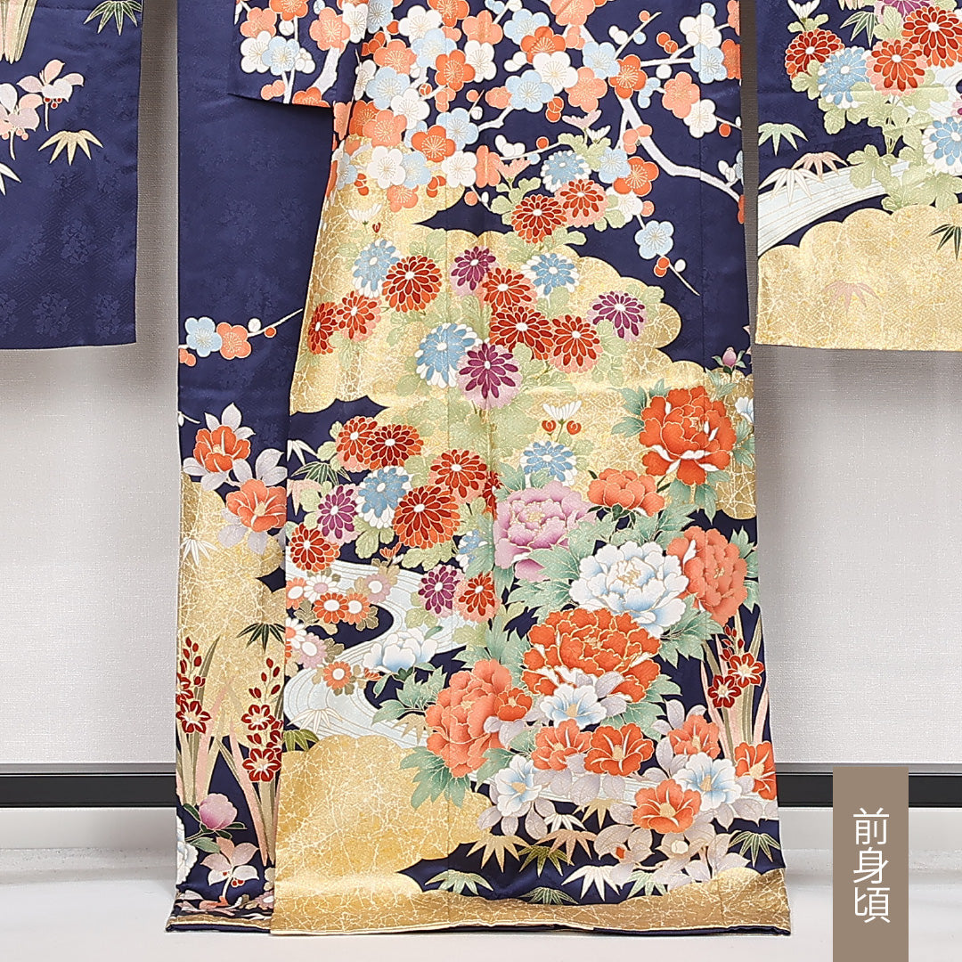 振袖 袷 身丈173cm 裄丈69cm 正絹 Sランク フォーマル 広衿 2XLサイズ 金彩 刺繍 エ霞 花柄 流水 紺系 RP 1215-06780