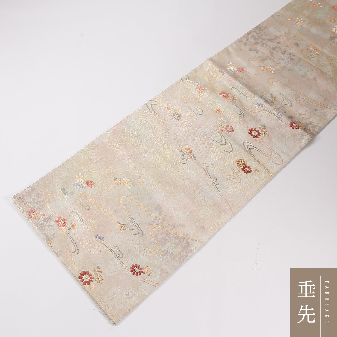 流水 袋帯 帯丈420cm 正絹 六通 セミフォーマル 菊 クリーム系 ピンク系 1243-02630