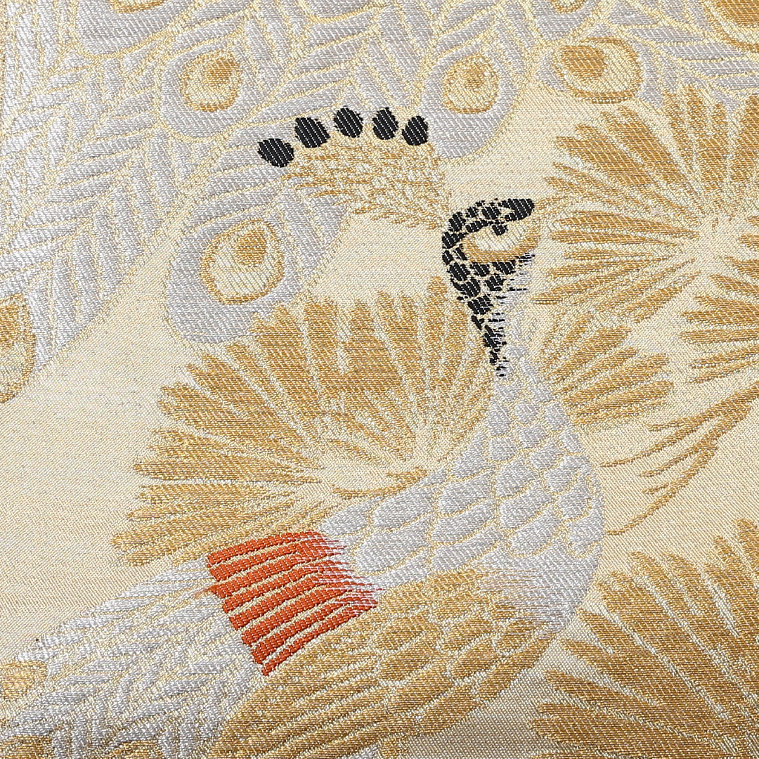 アンティーク 袋帯 帯丈410cm 正絹 六通 唐織 孔雀 松 金系 1243-00819
