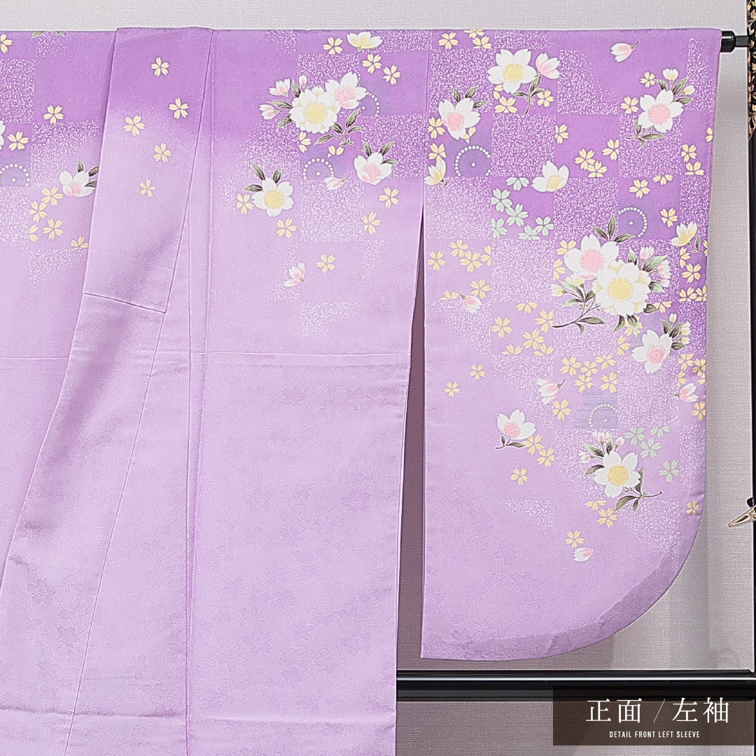 洗える着物 小振袖 袷 身丈168cm 裄丈68cm ポリエステル Sランク セミフォーマル 広衿 XLサイズ 金彩 桜 紫系 RP 1216-07065