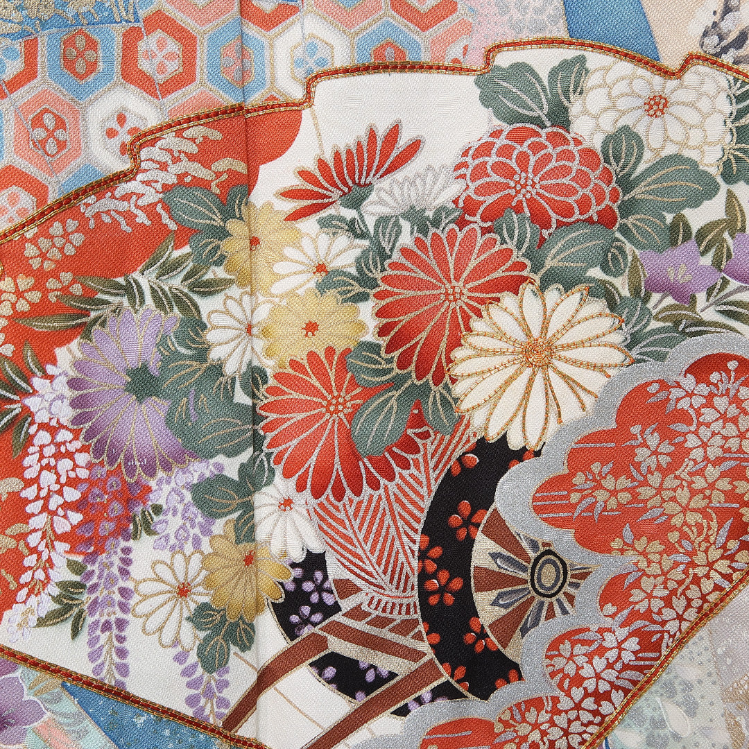 振袖 袷 身丈164cm 裄丈67cm 正絹 Sランク フォーマル 広衿 Lサイズ 刺繍 扇 菊 青系 RP 1215-06713