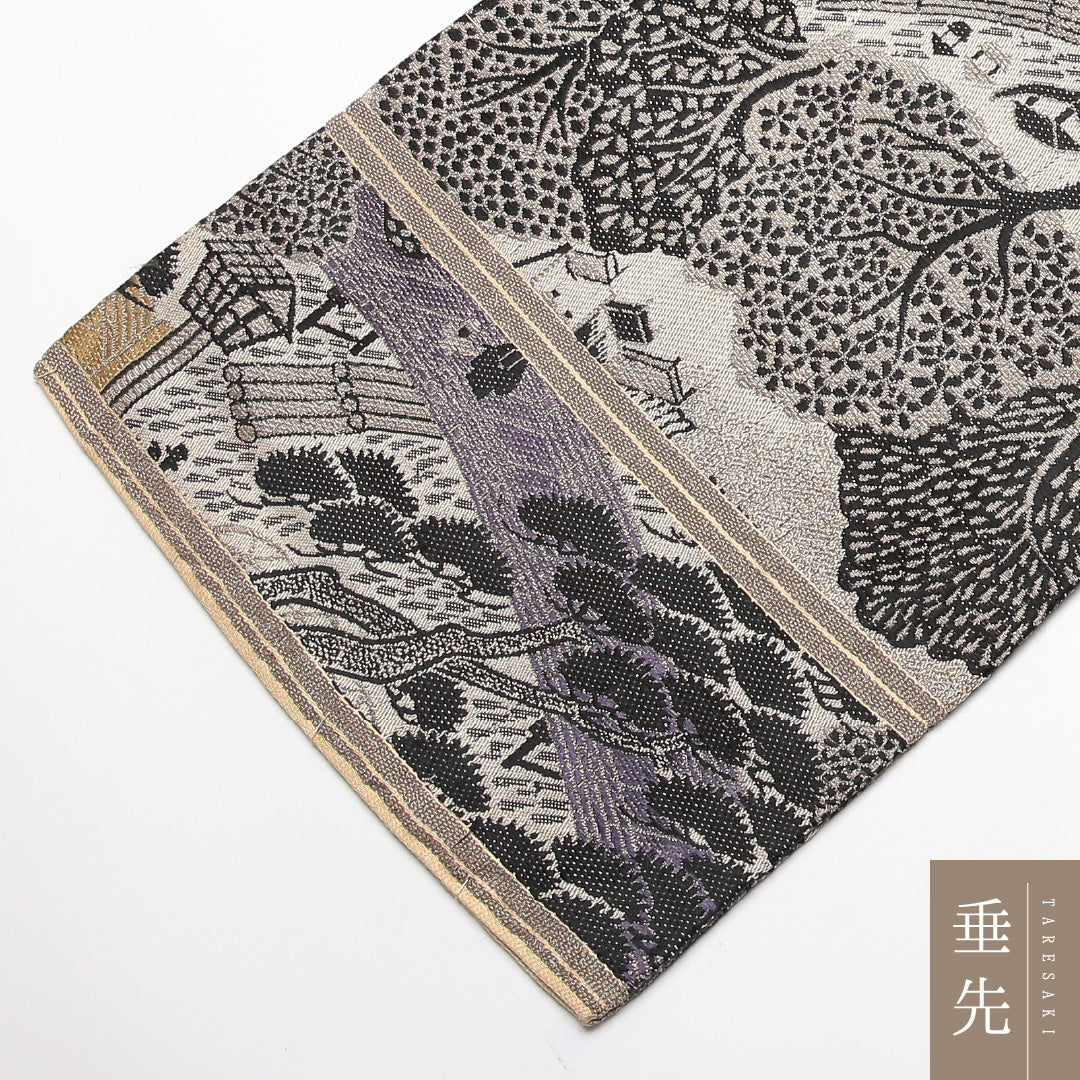 アンティーク 丸帯 帯丈380cm 正絹 全通 茶屋辻 グレー系 クリーム系 1242-02425