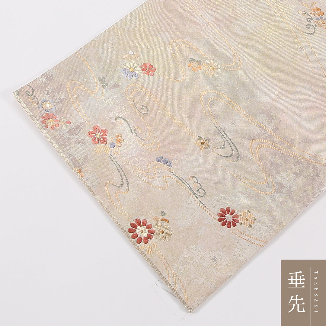 流水 袋帯 帯丈420cm 正絹 六通 セミフォーマル 菊 クリーム系 ピンク系 1243-02630