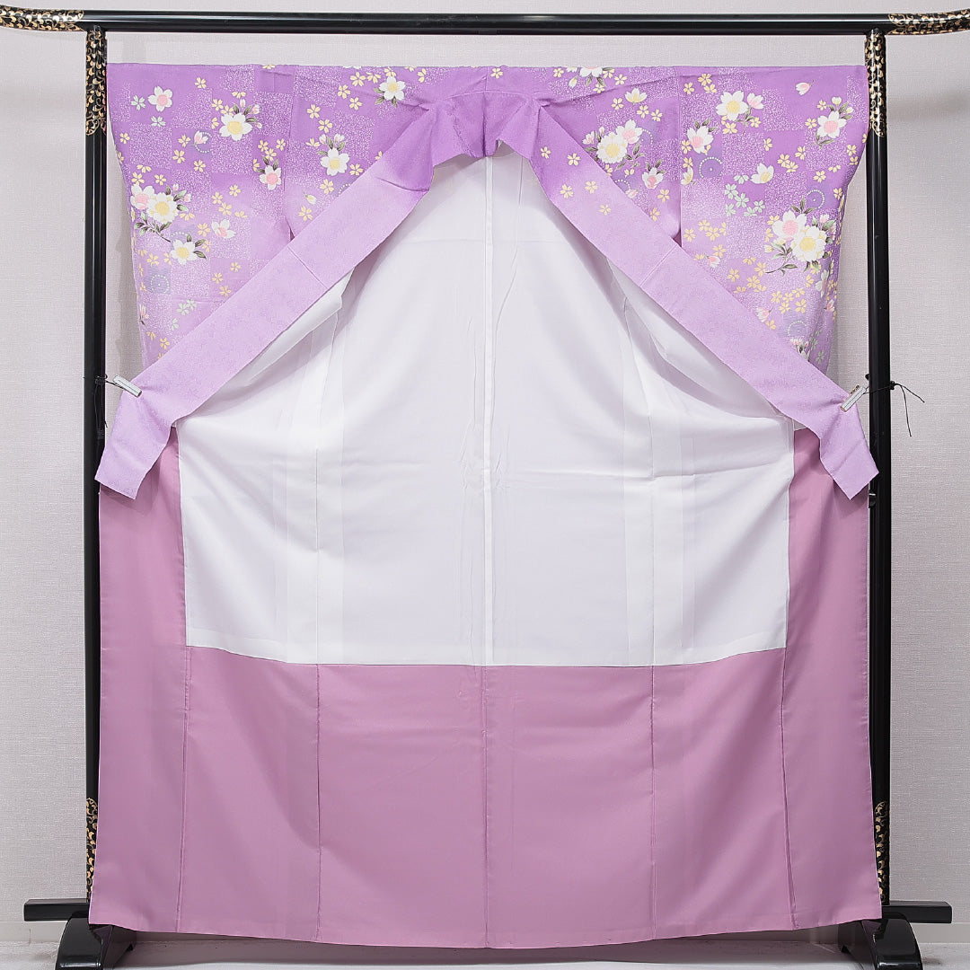 洗える着物 小振袖 袷 身丈168cm 裄丈68cm ポリエステル Sランク セミフォーマル 広衿 XLサイズ 金彩 桜 紫系 RP 1216-07065
