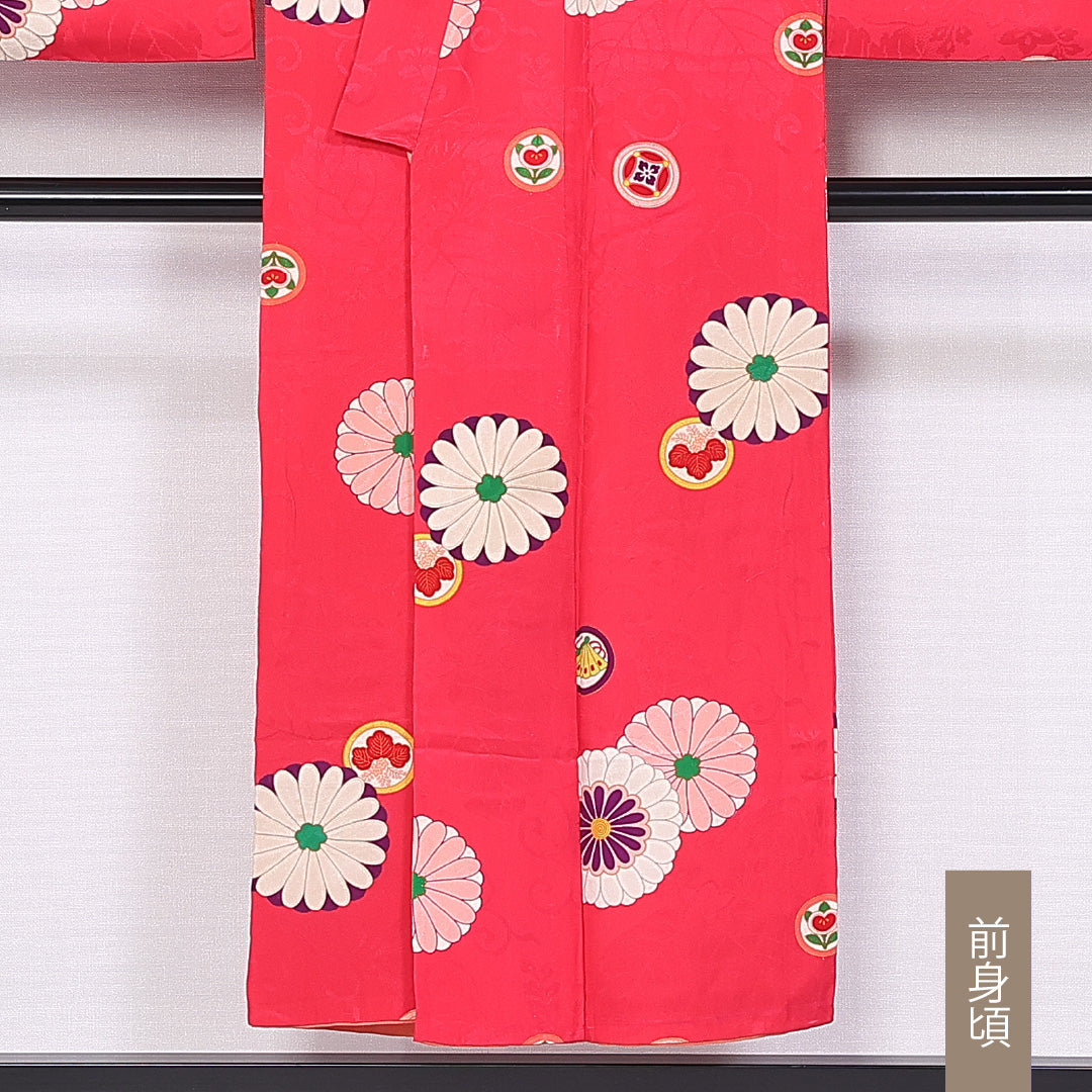 小振袖 袷 身丈148cm 裄丈64cm 正絹 Aランク セミフォーマル バチ衿 XSサイズ 菊 桐 橘 ピンク系 RP 1216-06663