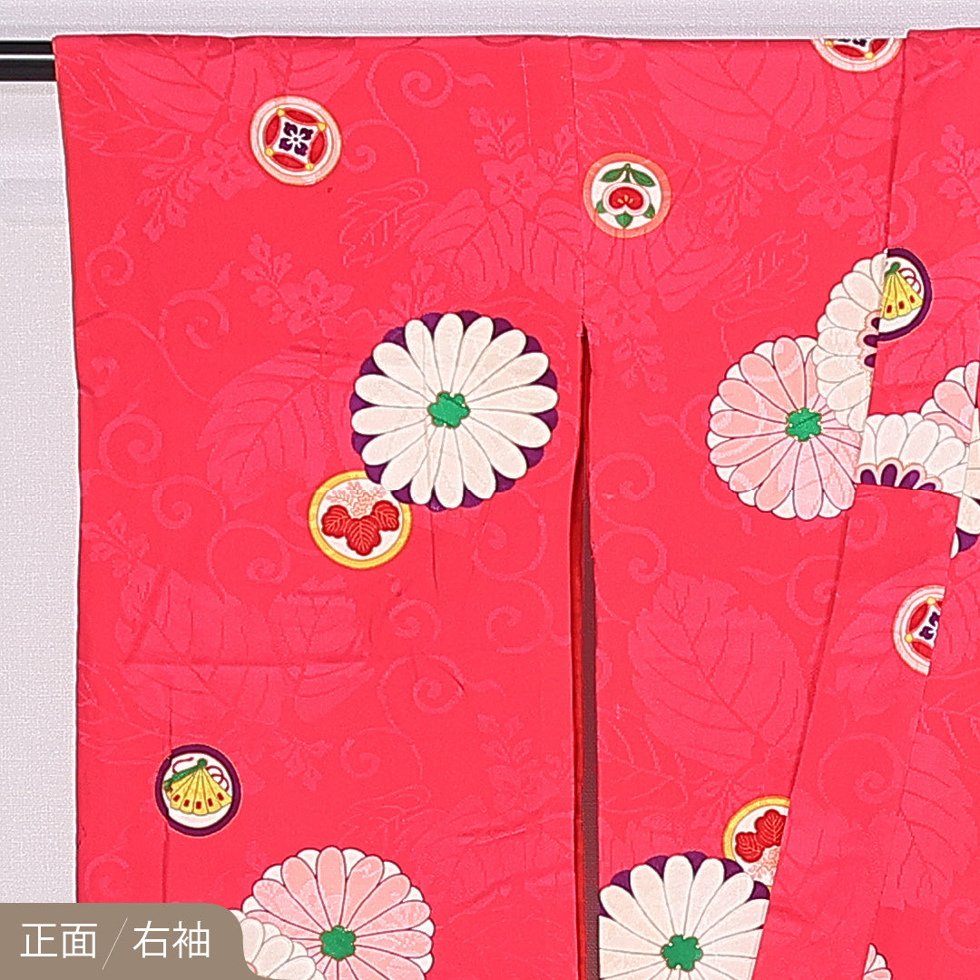 小振袖 袷 身丈148cm 裄丈64cm 正絹 Aランク セミフォーマル バチ衿 XSサイズ 菊 桐 橘 ピンク系 RP 1216-06663
