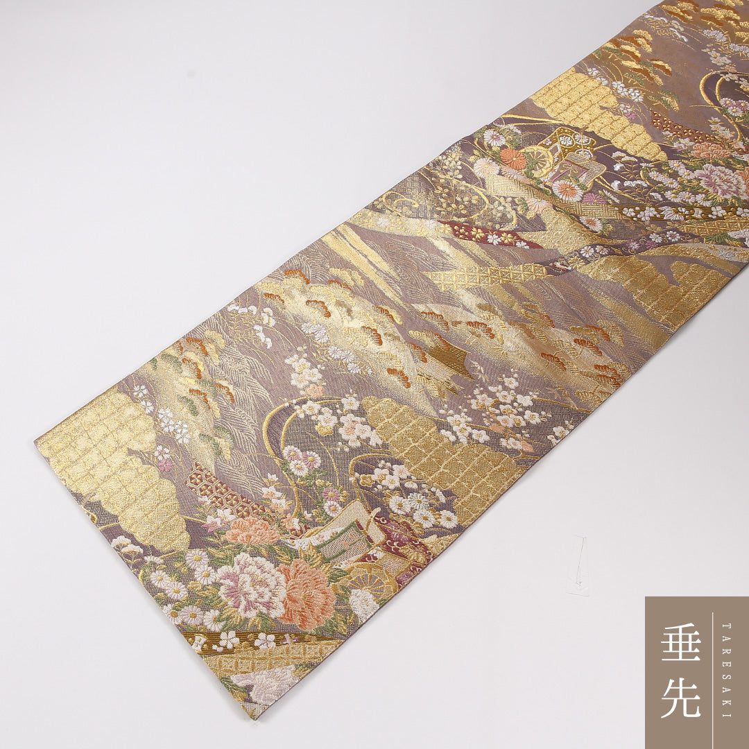 御所車 袋帯 帯丈432cm 正絹 六通 フォーマル 菊 クリーム系 1243-02634