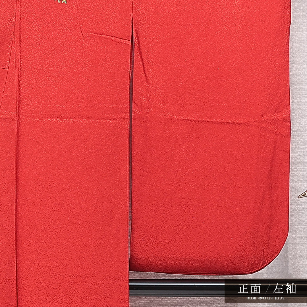 洗える着物 小振袖 袷 身丈168cm 裄丈67cm ポリエステル Sランク セミフォーマル 広衿 XLサイズ 刺繍 牡丹 菊 赤系 RP 1216-07060