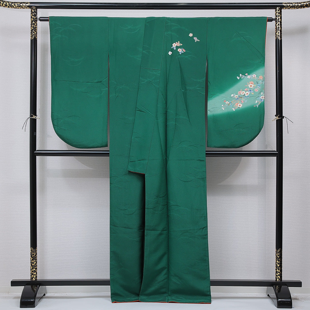 洗える着物 小振袖 袷 身丈165cm 裄丈66cm ポリエステル Sランク セミフォーマル 広衿 XLサイズ 桜 緑系 RP 1216-07071