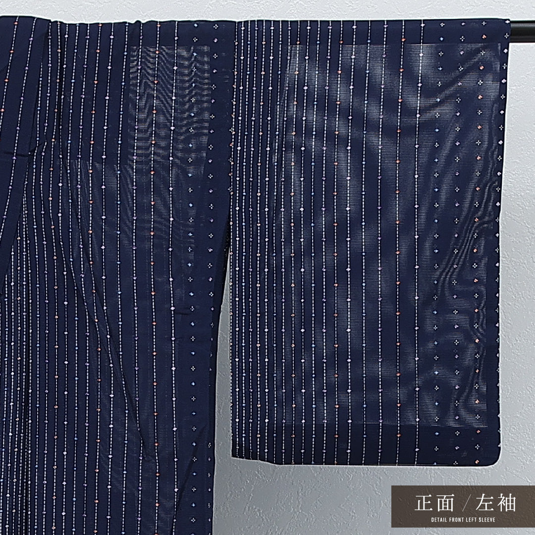 夏物 洗える着物 小紋 絽 身丈146cm 裄丈62cm ポリエステル Sランク インフォーマル バチ衿 XLサイズ 居敷当て 肩当て 創作柄 紺系 RP 1221-17274