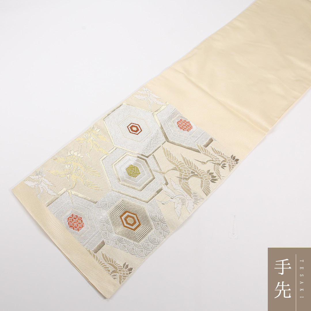 袋帯 帯丈402cm 正絹 六通 フォーマル 鶴 亀甲 黄系 クリーム系 1243-02544