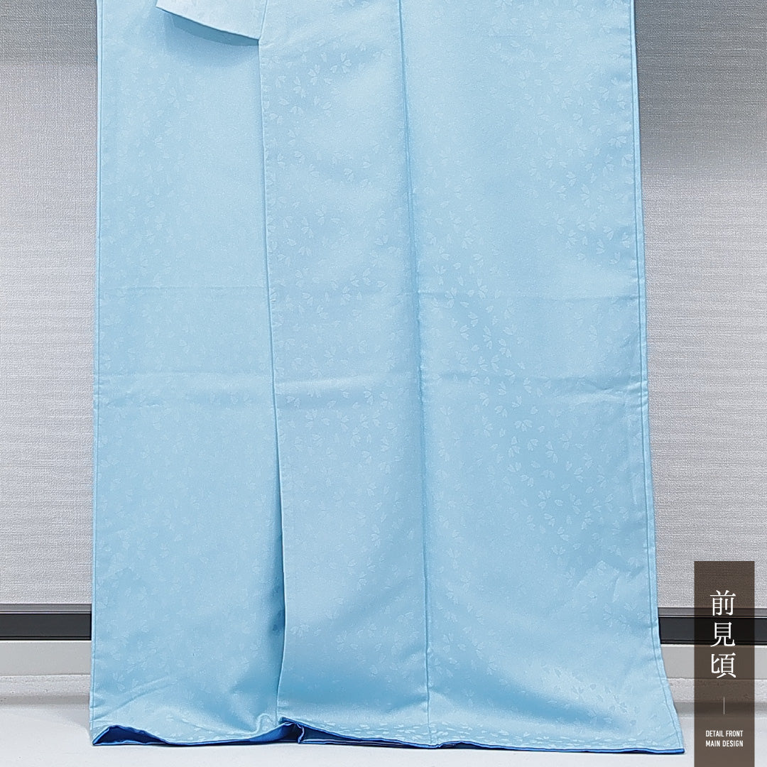 洗える着物 小振袖 袷 身丈169cm 裄丈67cm ポリエステル Cランク セミフォーマル 広衿 XLサイズ 桜 水色系 LP 1216-07031