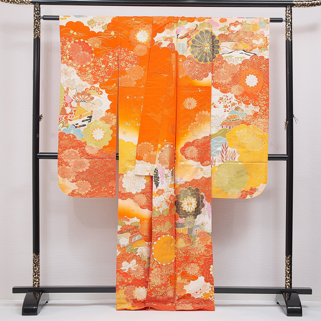 振袖 袷 身丈166cm 裄丈62cm 正絹 Sランク フォーマル 広衿 XLサイズ 金彩 御所解 朱系 M4 1215-07096