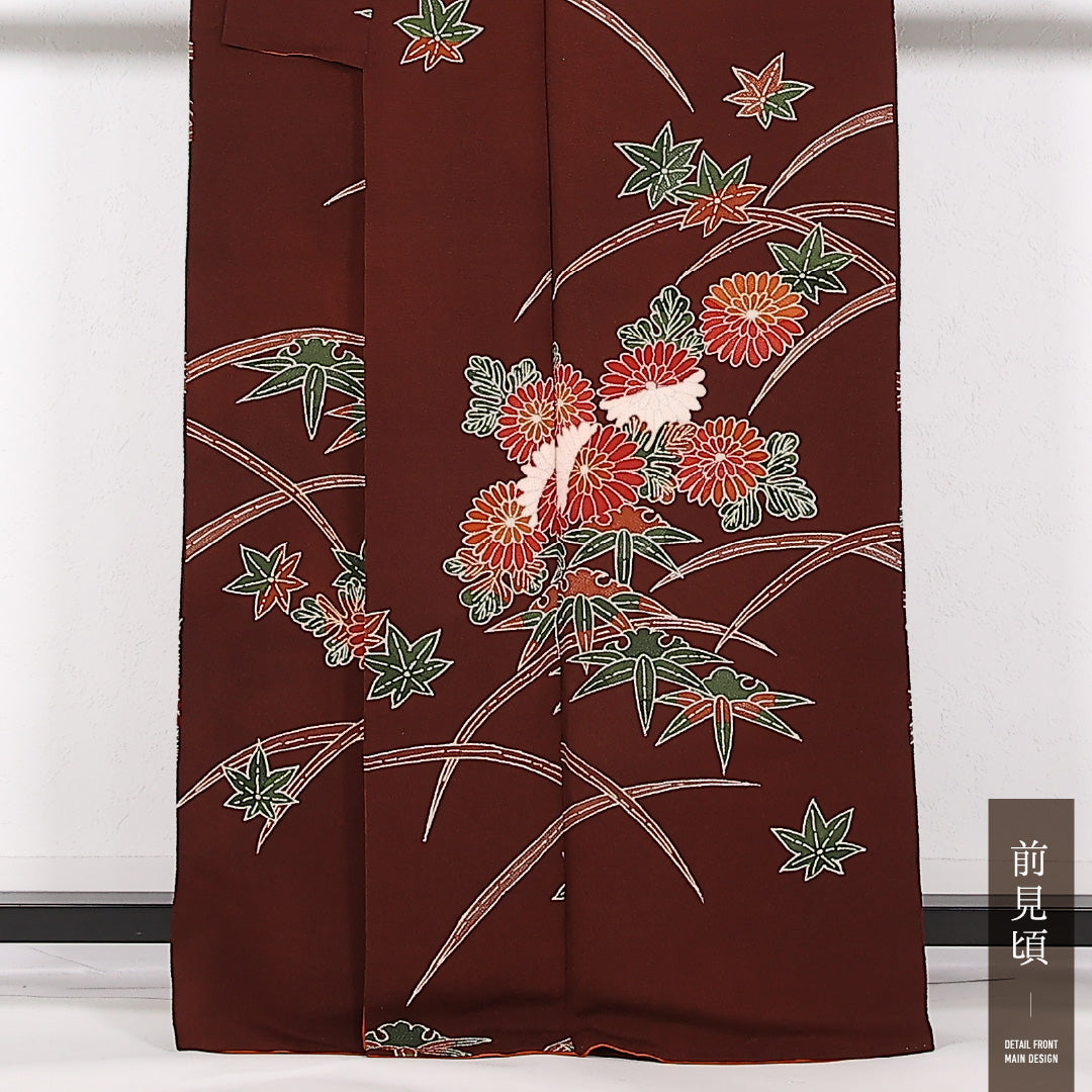 付下げ (ちりめん) 袷 身丈162cm 裄丈65cm 正絹 Aランク インフォーマル 広衿 Lサイズ 菊 紅葉 柏 ちりめん 茶系 RP 1218-17518