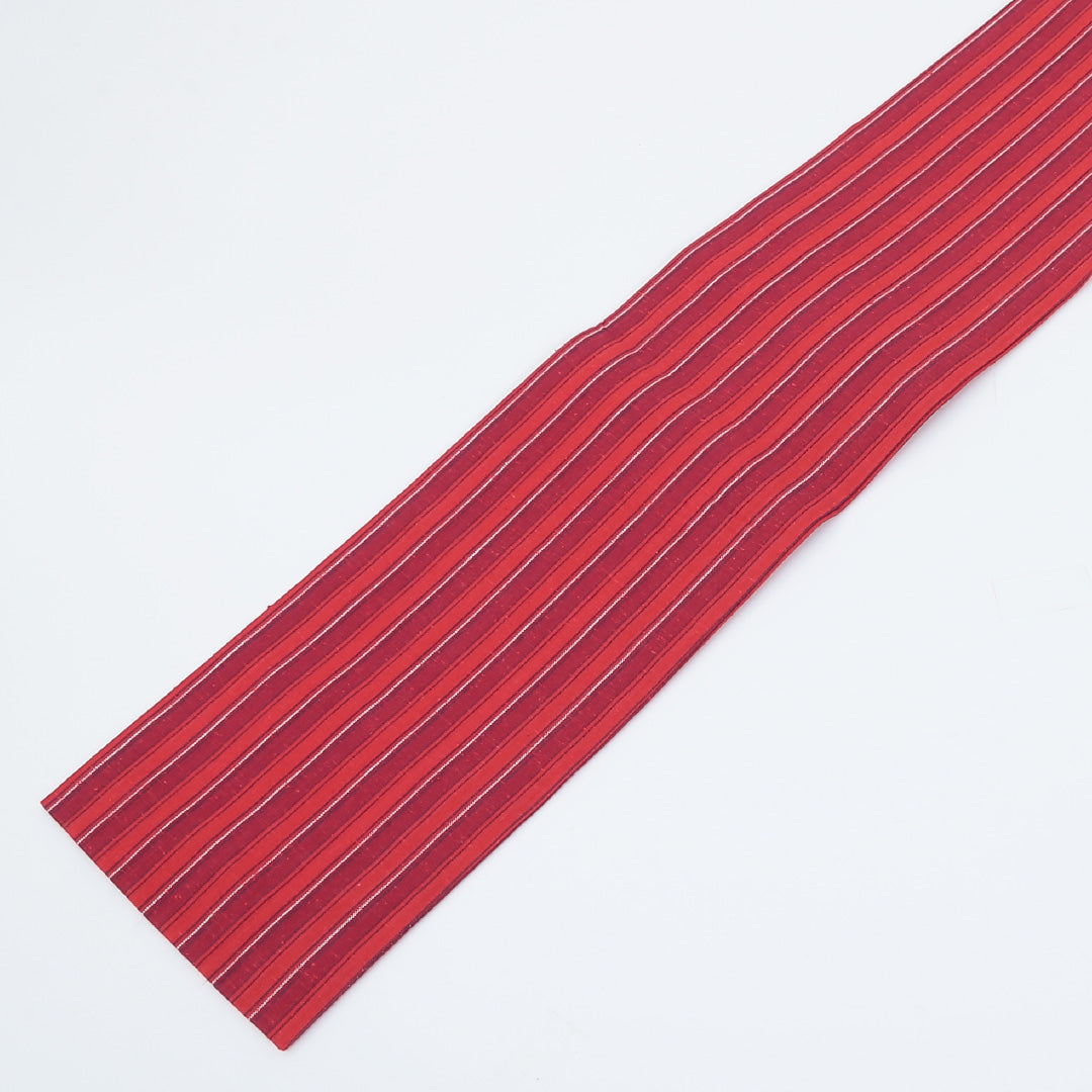 未使用品 半幅帯（遠州綿紬） 帯丈314cm 木綿 全通 小袋帯 カジュアル 縞 赤系 1247-00050