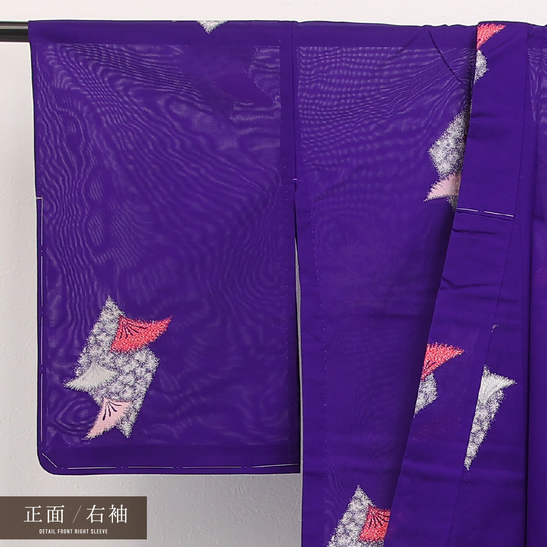 アンティーク 夏物 小紋 身丈154cm 裄丈64cm 正絹 Aランク バチ衿 XSサイズ 漆糸 扇 青系 M4 1221-17334