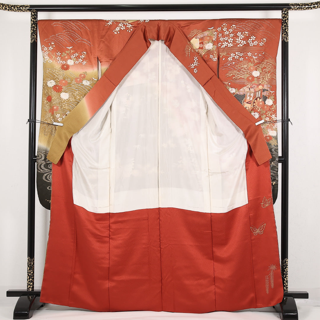 振袖 袷 身丈168cm 裄丈66cm 正絹 Sランク フォーマル 広衿 Lサイズ 金彩 金駒刺繍 御所車 赤系 RP 1215-17394